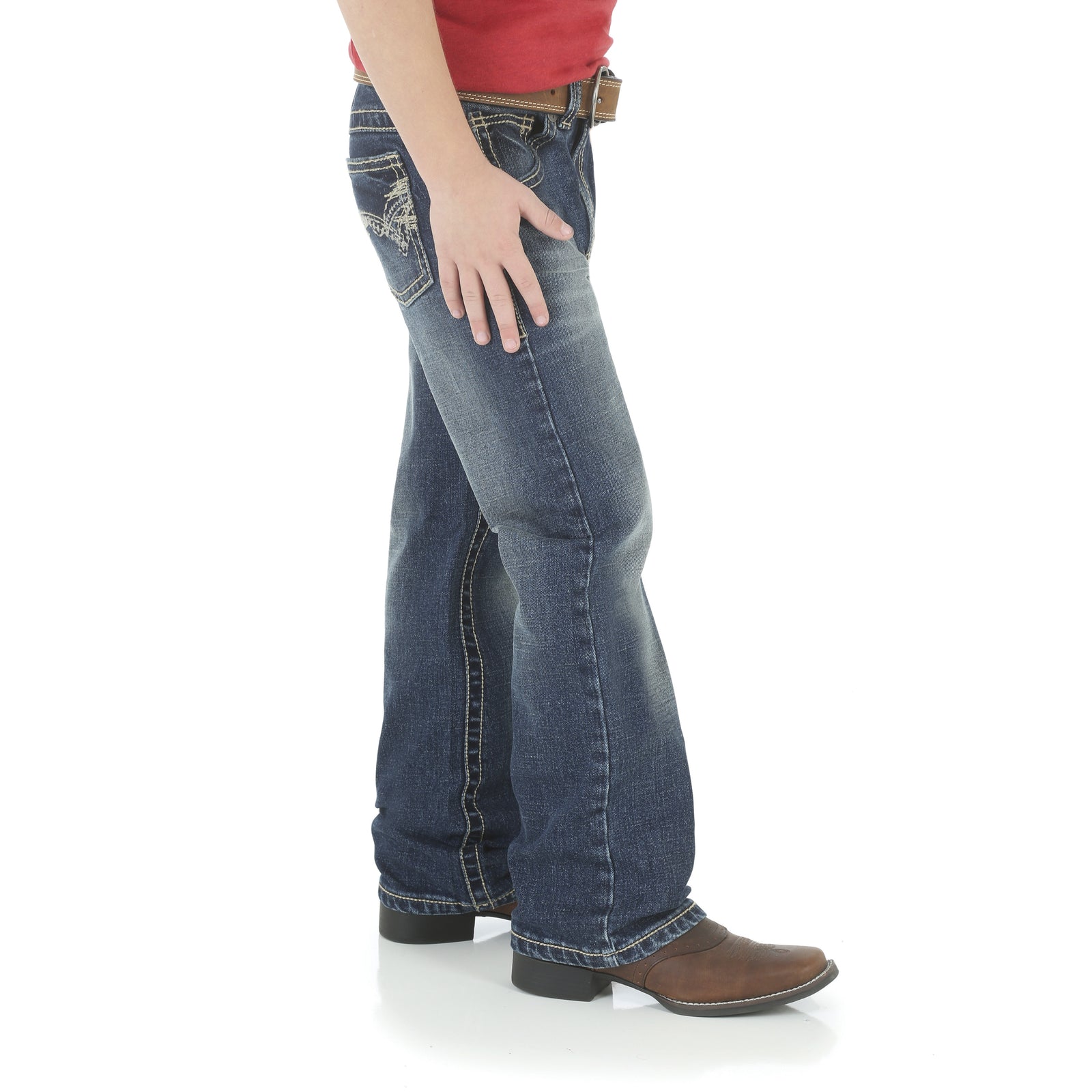 A pair of Wrangler Boy's 20X Vintage Boot Cut Jeans, featuring a slim fit and traditional 5-pocket design.