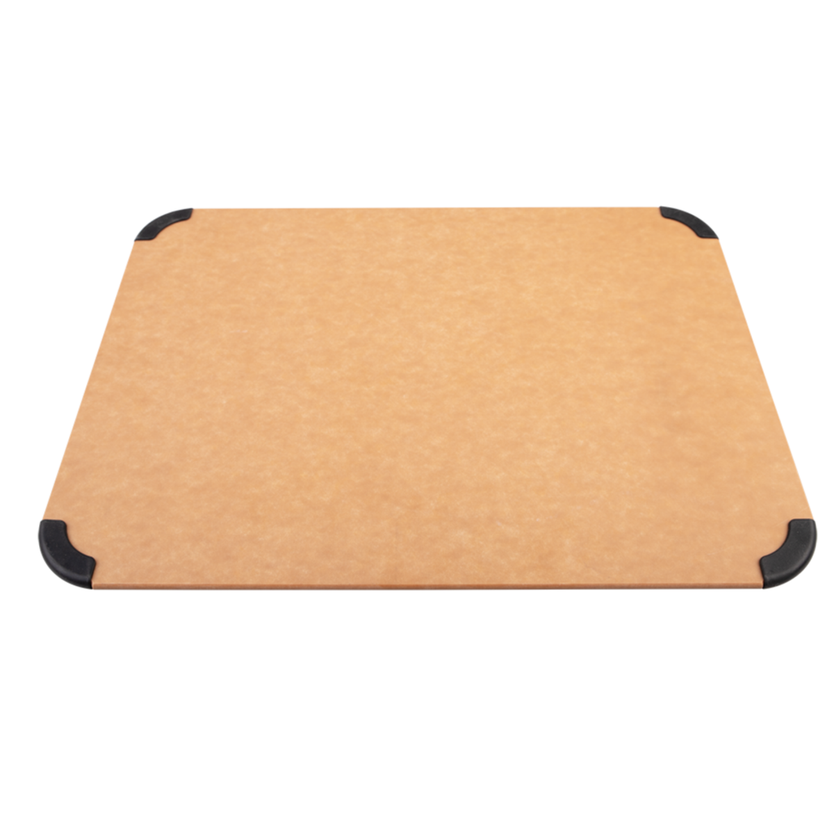 Beige cutting board with black corners on a white background
