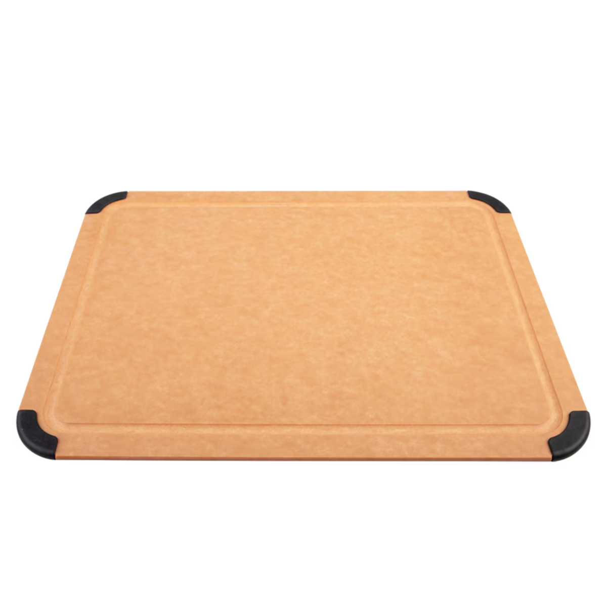 Brown cutting board with black edges on a white background