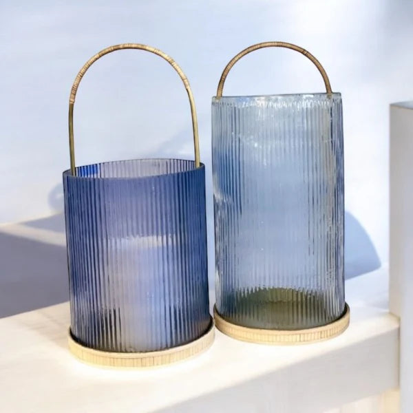 Lantern Small Blue Ribbed Glass
