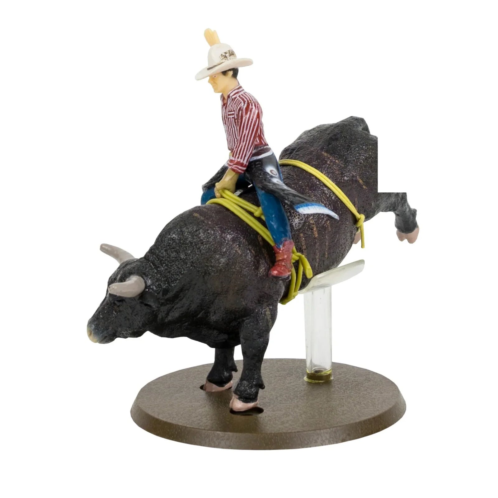 Big Country Toys Lane Frost & Red Rock. Figurine of a bull rider on a black bull with a white background