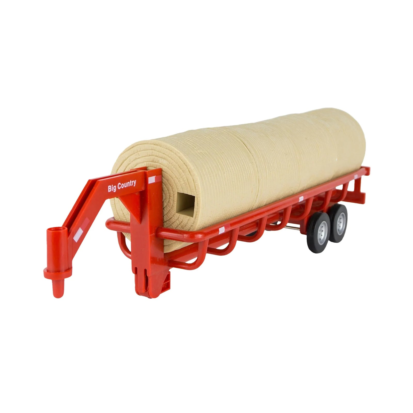 Big Country Toys Hay Trailer. A red and beige hay trailer with a gooseneck connector, designed for farm toy play.
