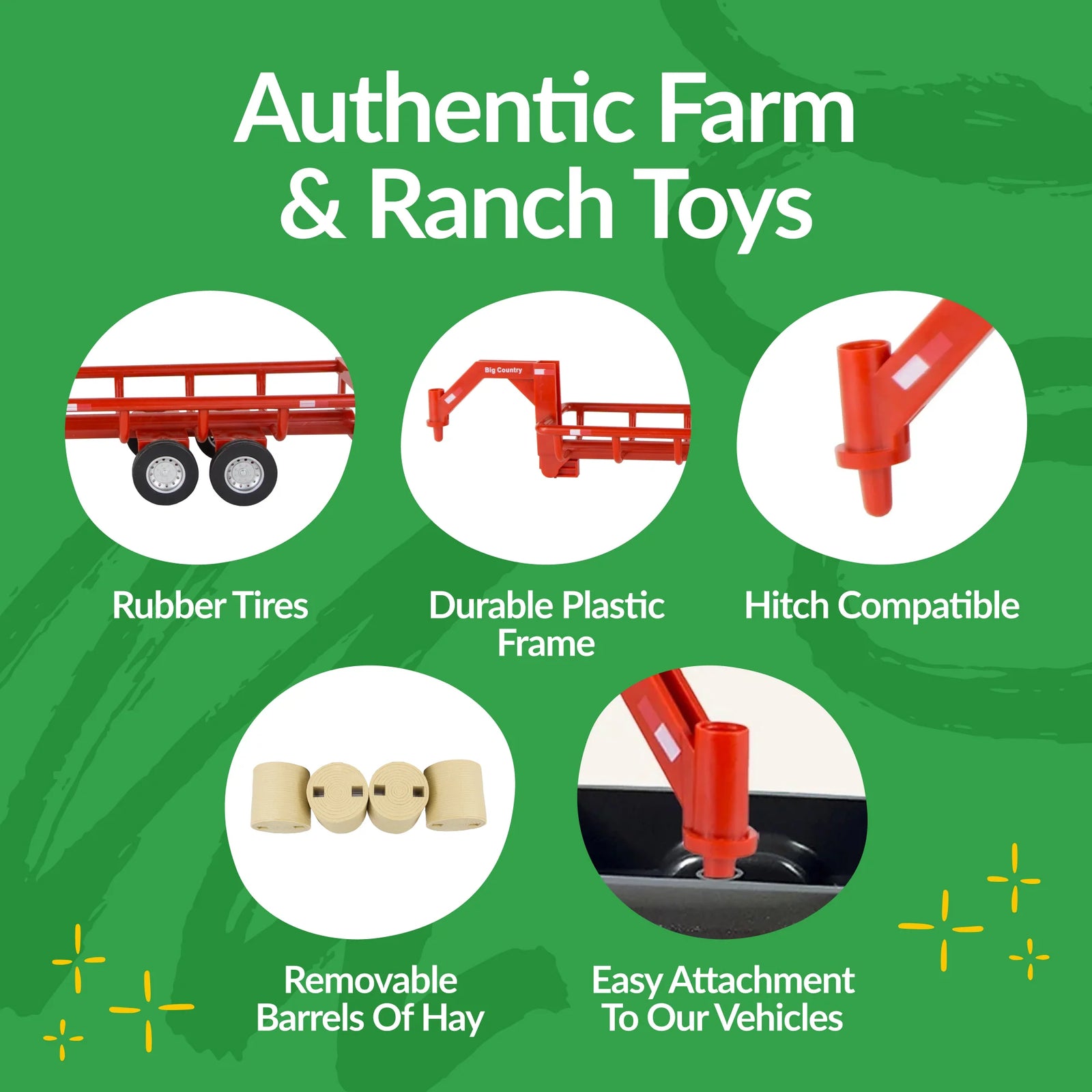 Big Country Toys Hay Trailer. A red and beige hay trailer with a gooseneck connector, designed for farm toy play.