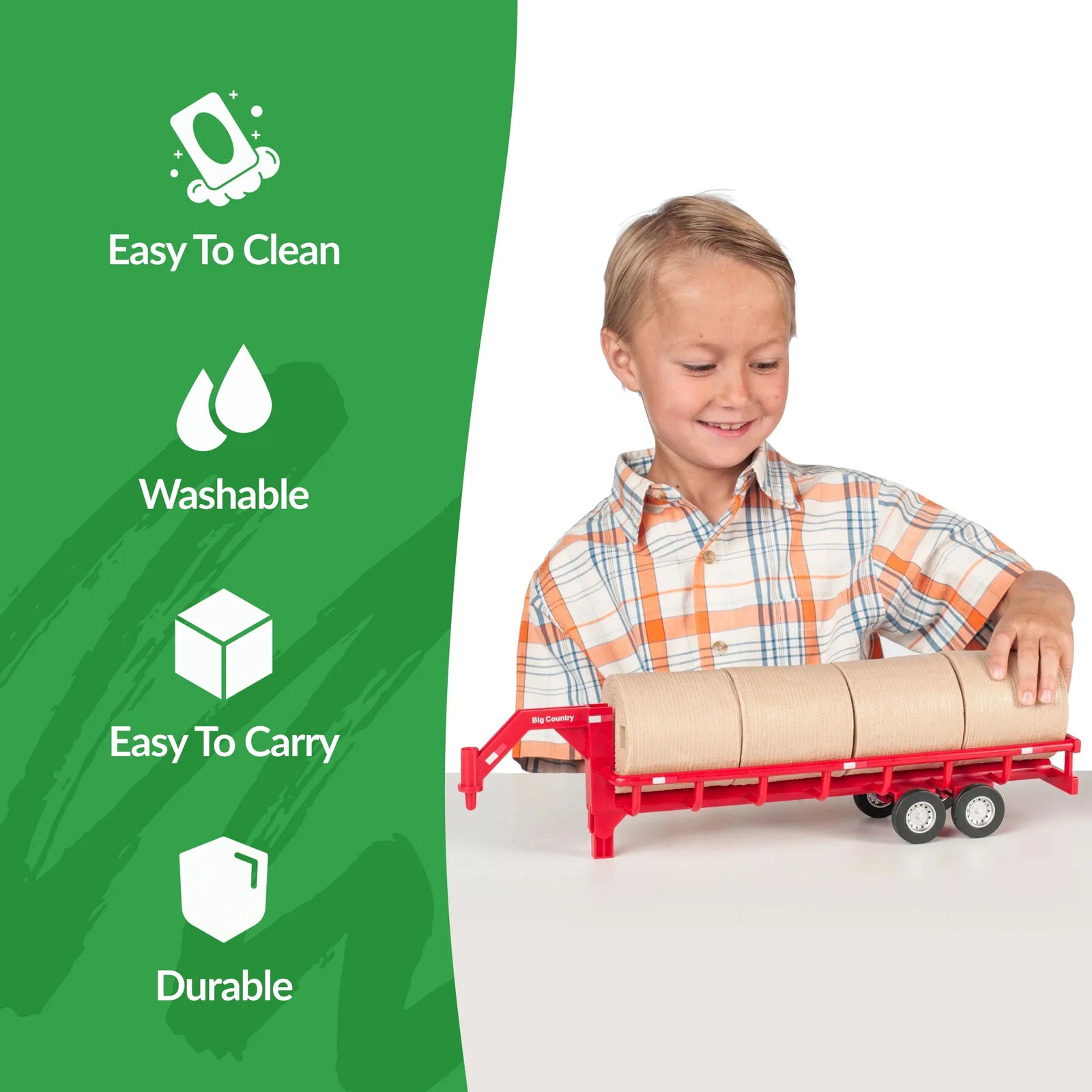 Big Country Toys Hay Trailer. A red and beige hay trailer with a gooseneck connector, designed for farm toy play.
