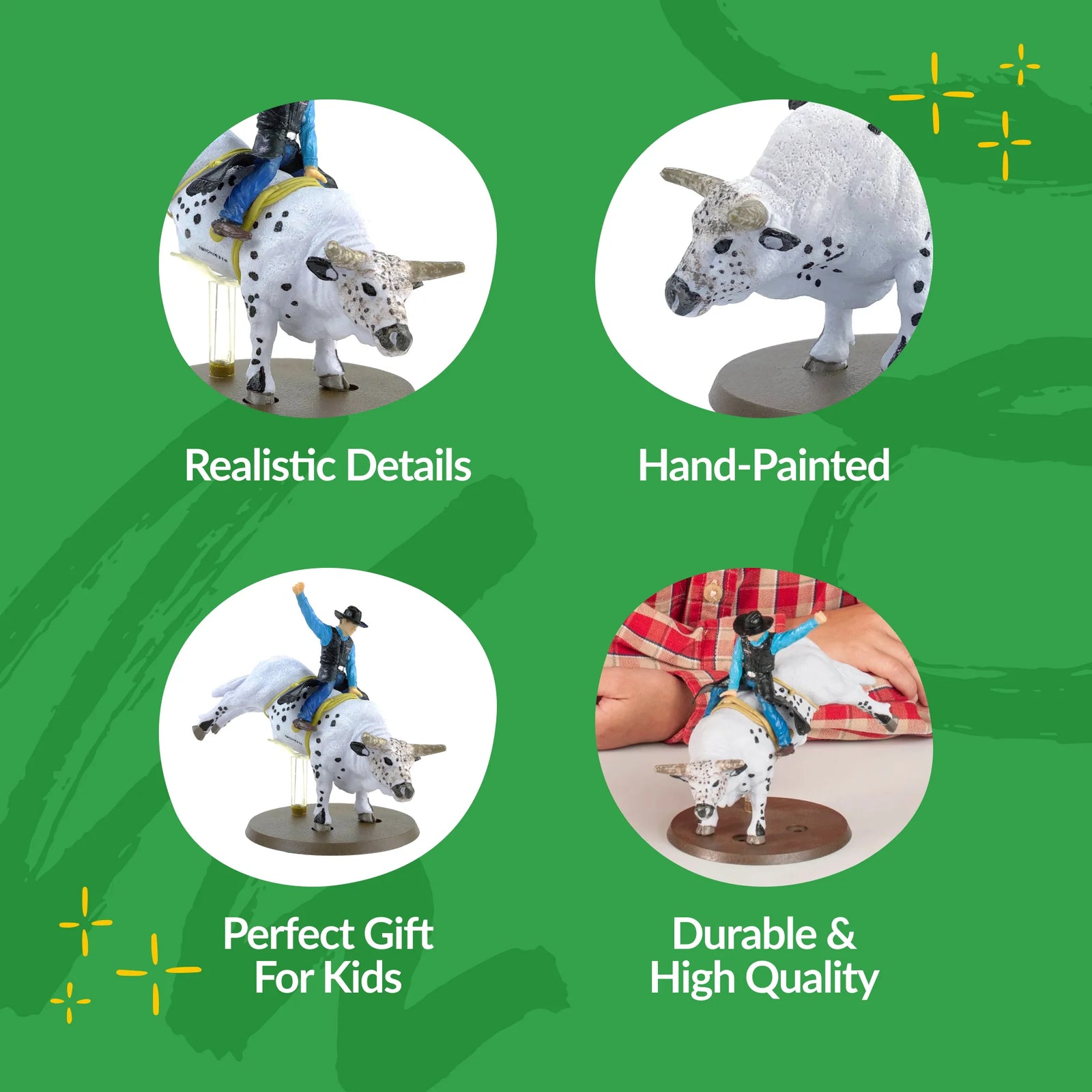 Figurine of a bull rider on a white bull with black spots, set against a white background. The figurine is an official licensed product of PBR.