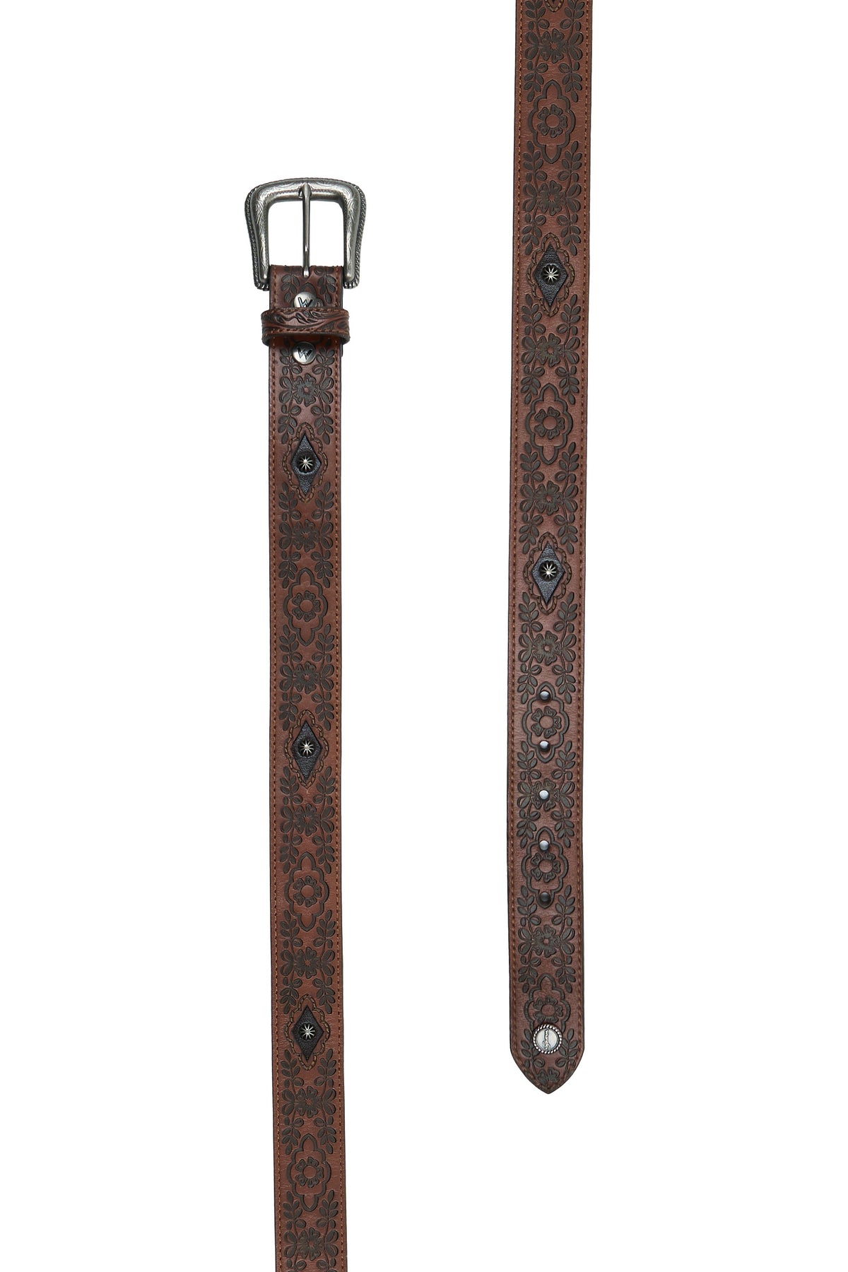 A Wrangler westrn brown genuine leather western belt for women with a tooled strap, dome studs, and a silver metal buckle featuring floral designs.