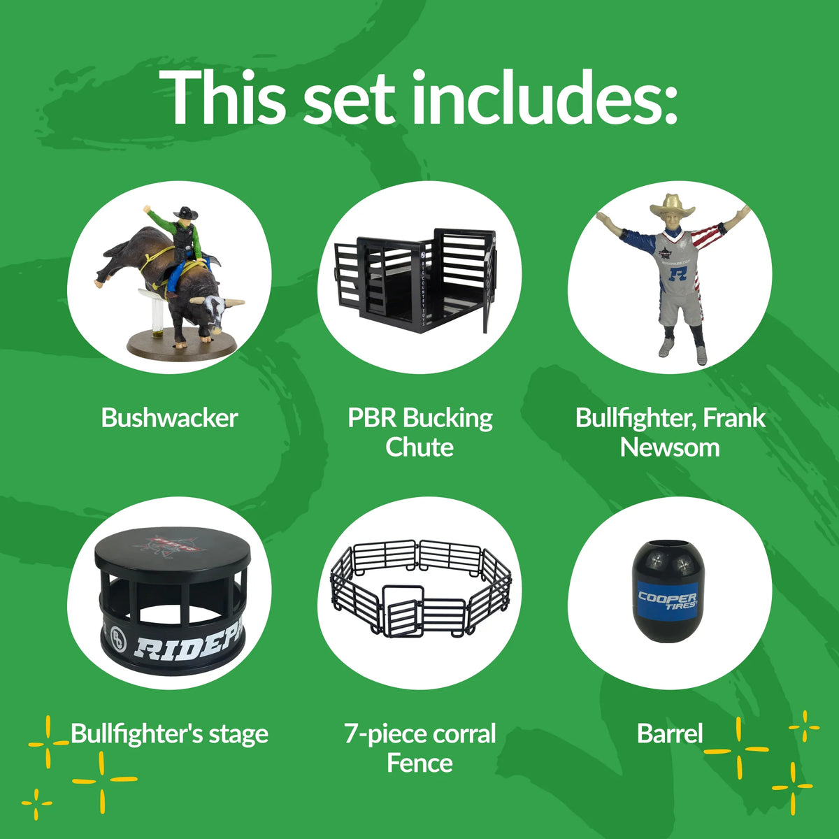 Set of PBR (Professional Bull Riders) themed items including a bushwacker, bucking chute, bullfighter figure, and accessories on a green background.