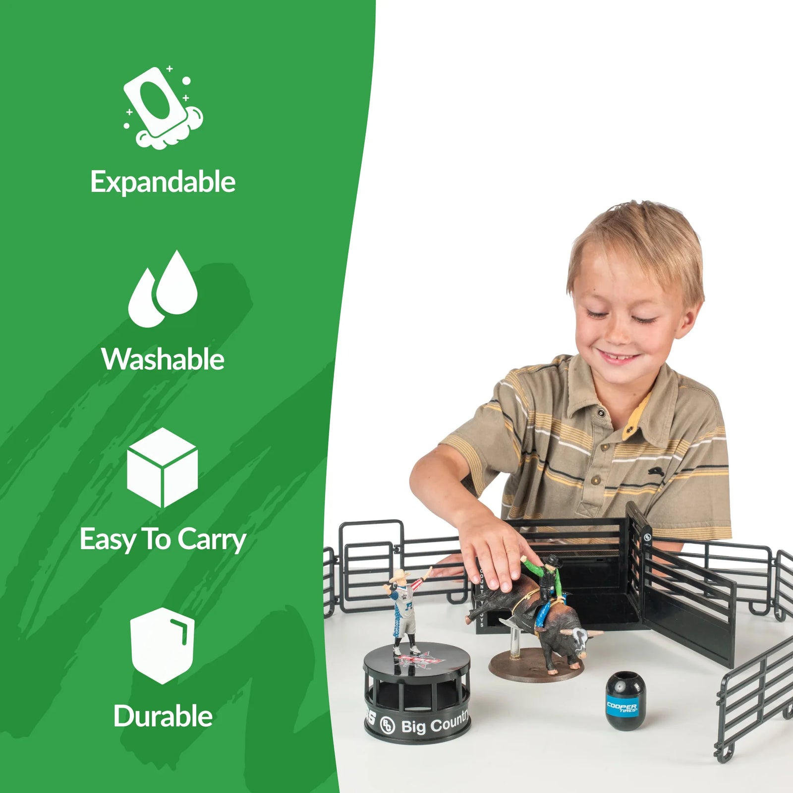 Big Country Toys 13-Piece PBR Bull Riding Set. Child playing with a toy farm set on a white background, with features listed on the left.