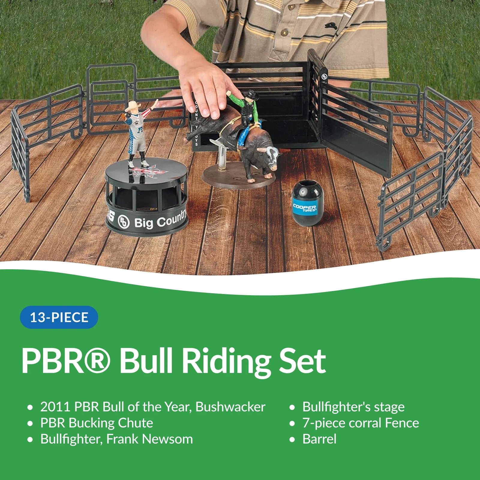 Big Country Toys 13-Piece PBR Bull Riding Set. PBR Bull Riding Set with bull, cowboy, and accessories on a wooden surface.