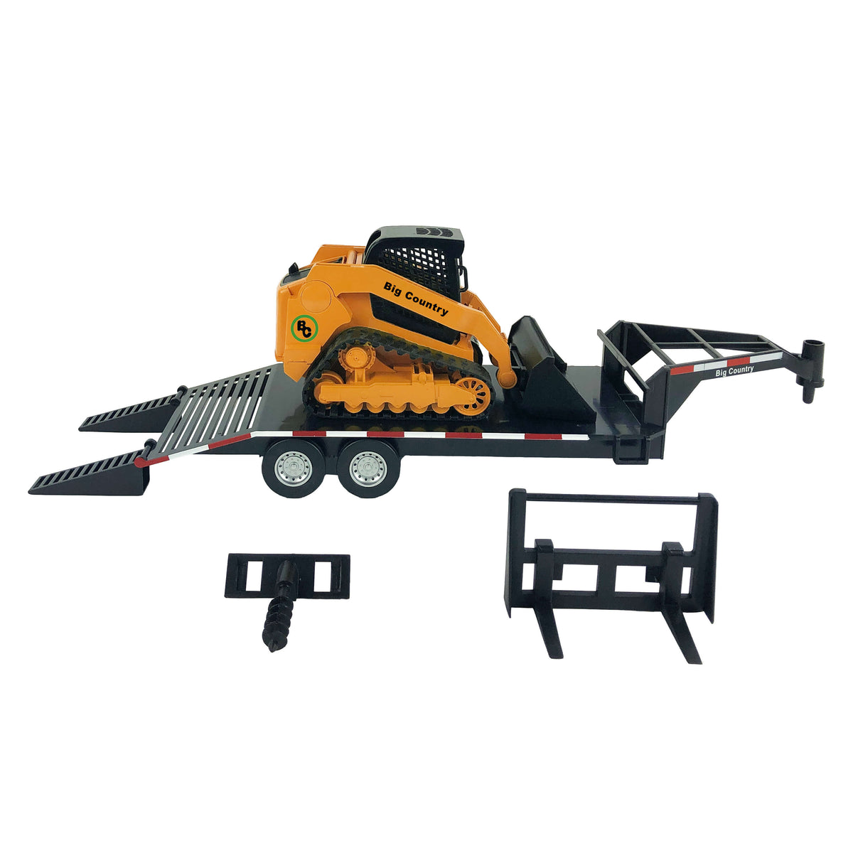 Big Country Toys Skid Steer, Trailer & Accessories. A packaged toy set including a yellow track skid steer with attachments and a flatbed trailer