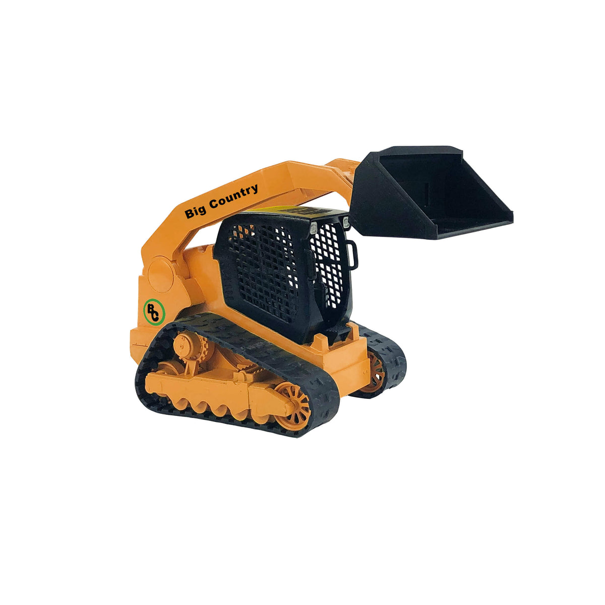 Big Country Toys Skid Steer, Trailer & Accessories. A packaged toy set including a yellow track skid steer 