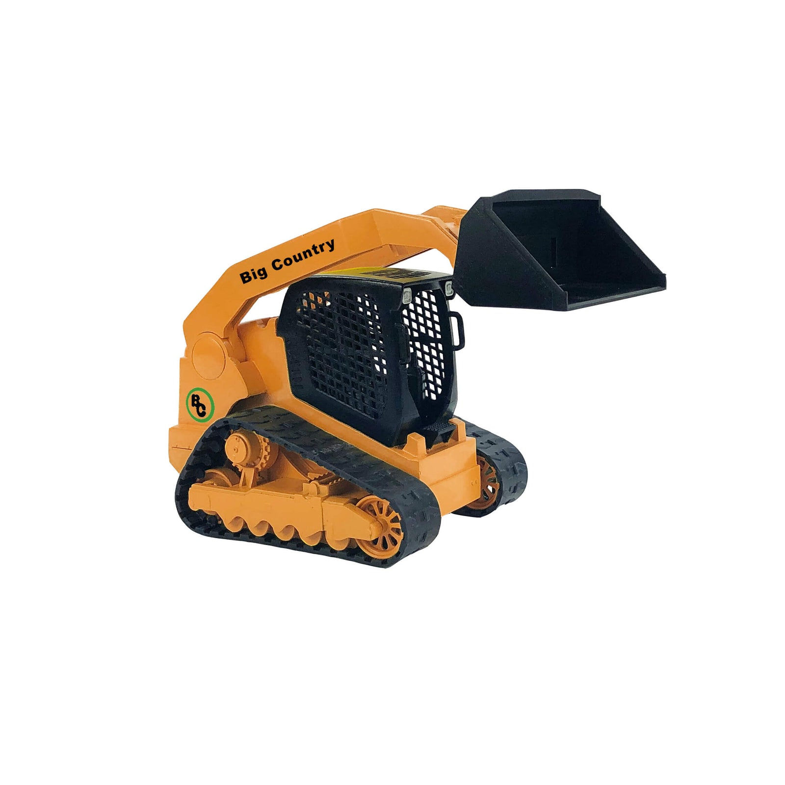 Big Country Toys Skid Steer, Trailer & Accessories. A packaged toy set including a yellow track skid steer 