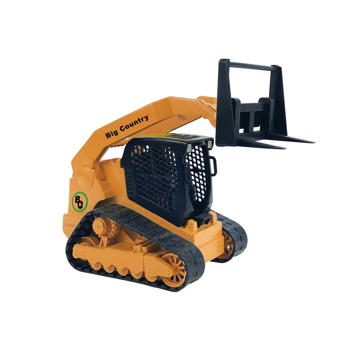 Big Country Toys Skid Steer, Trailer & Accessories. A packaged toy set including a yellow track skid steer 