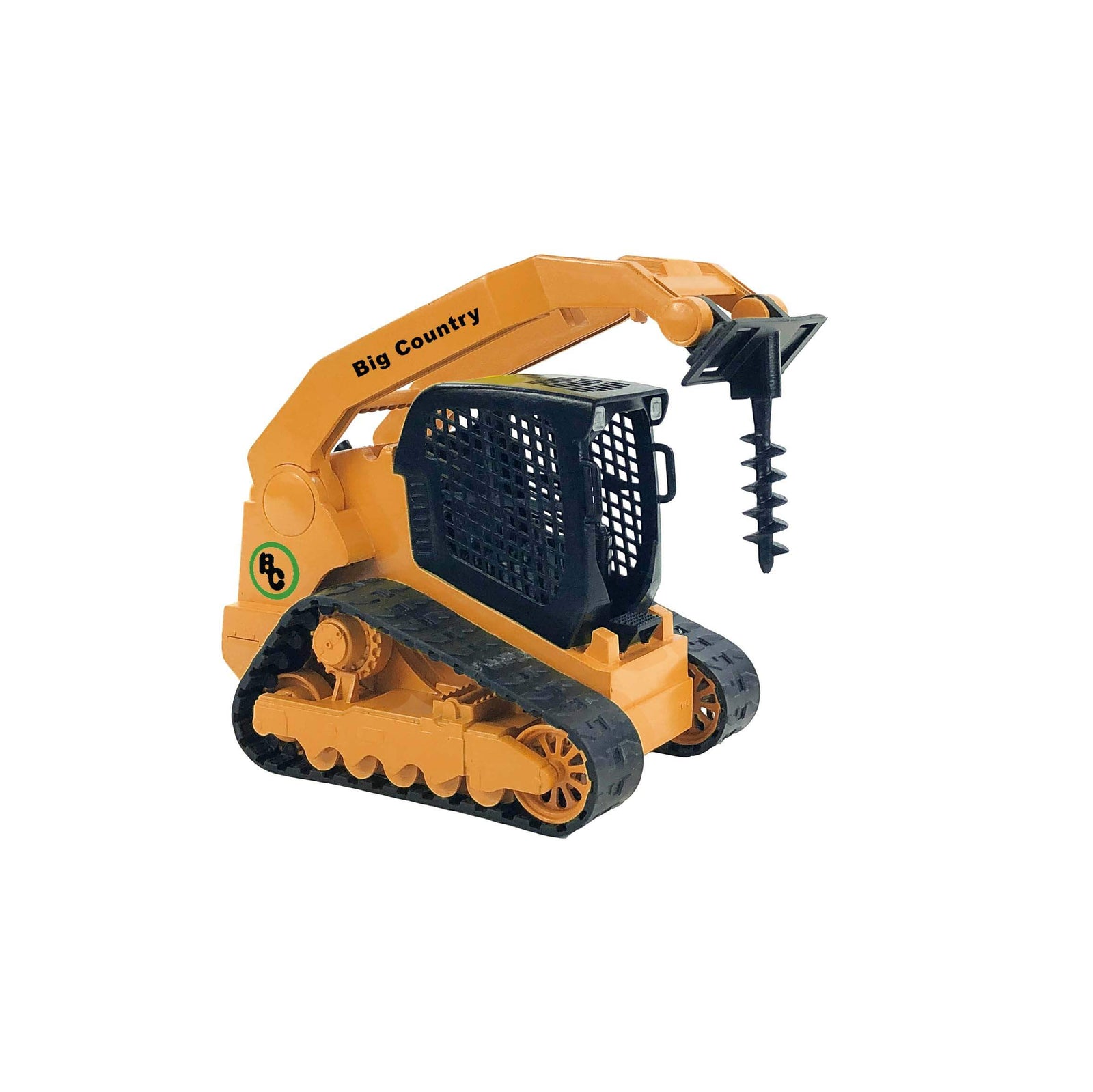 Big Country Toys Skid Steer, Trailer & Accessories. A packaged toy set including a yellow track skid steer with attachments 