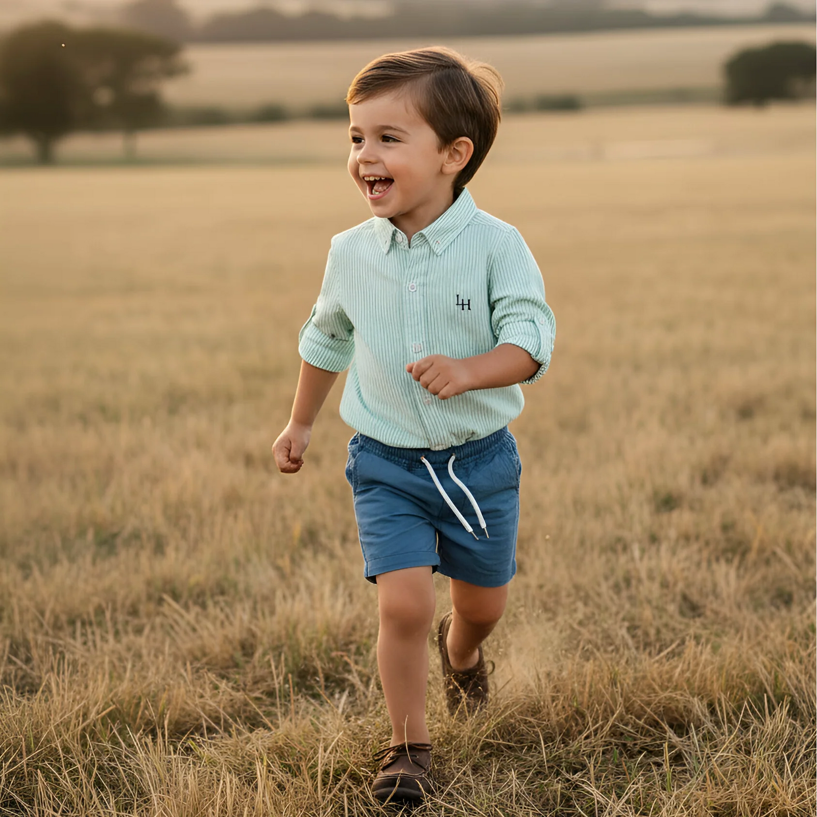 Child running in a field with a sunset in the background