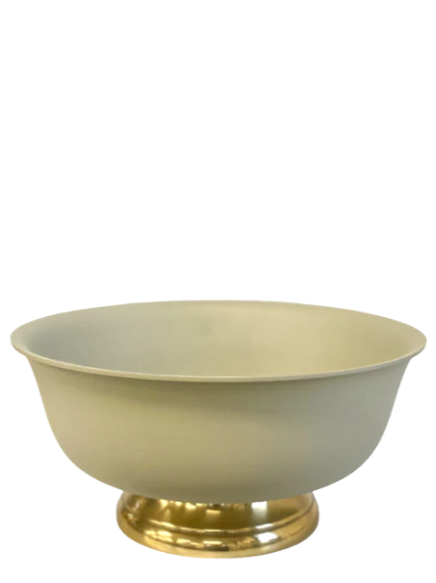 Coated Bowl Small. Beige bowl with a gold base on a white background