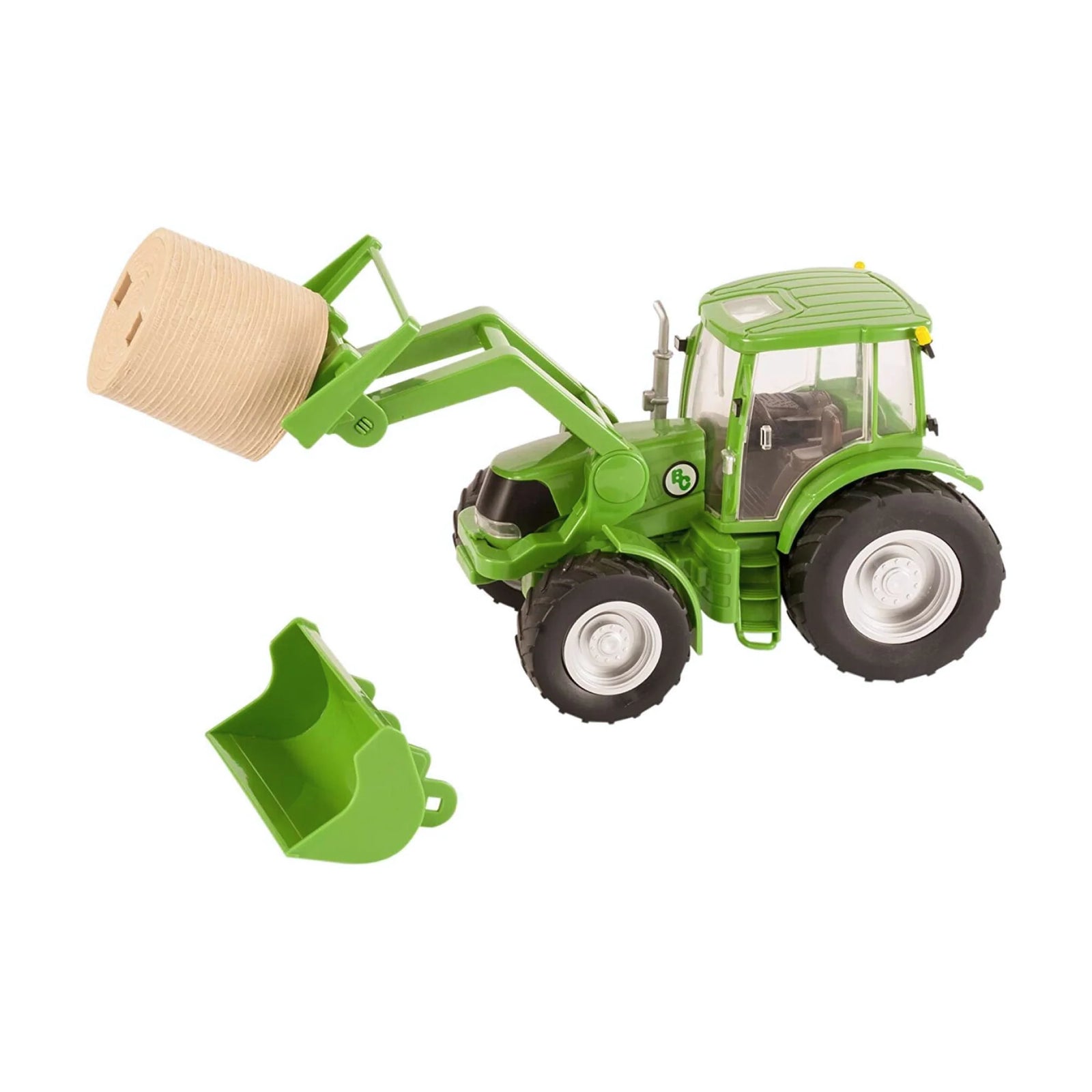 Big Country Toys Tractor and Implements - Green. Green toy bulldozer with detachable parts on a white background