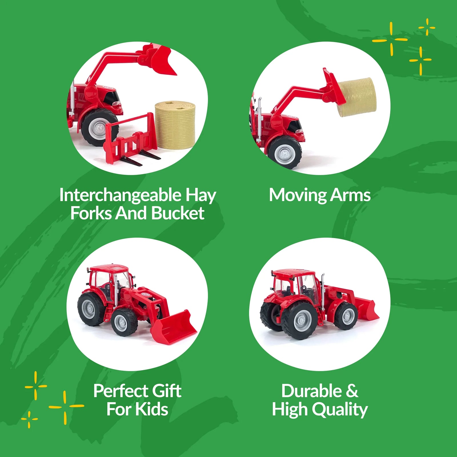 Red toy tractor with interchangeable parts on a green background