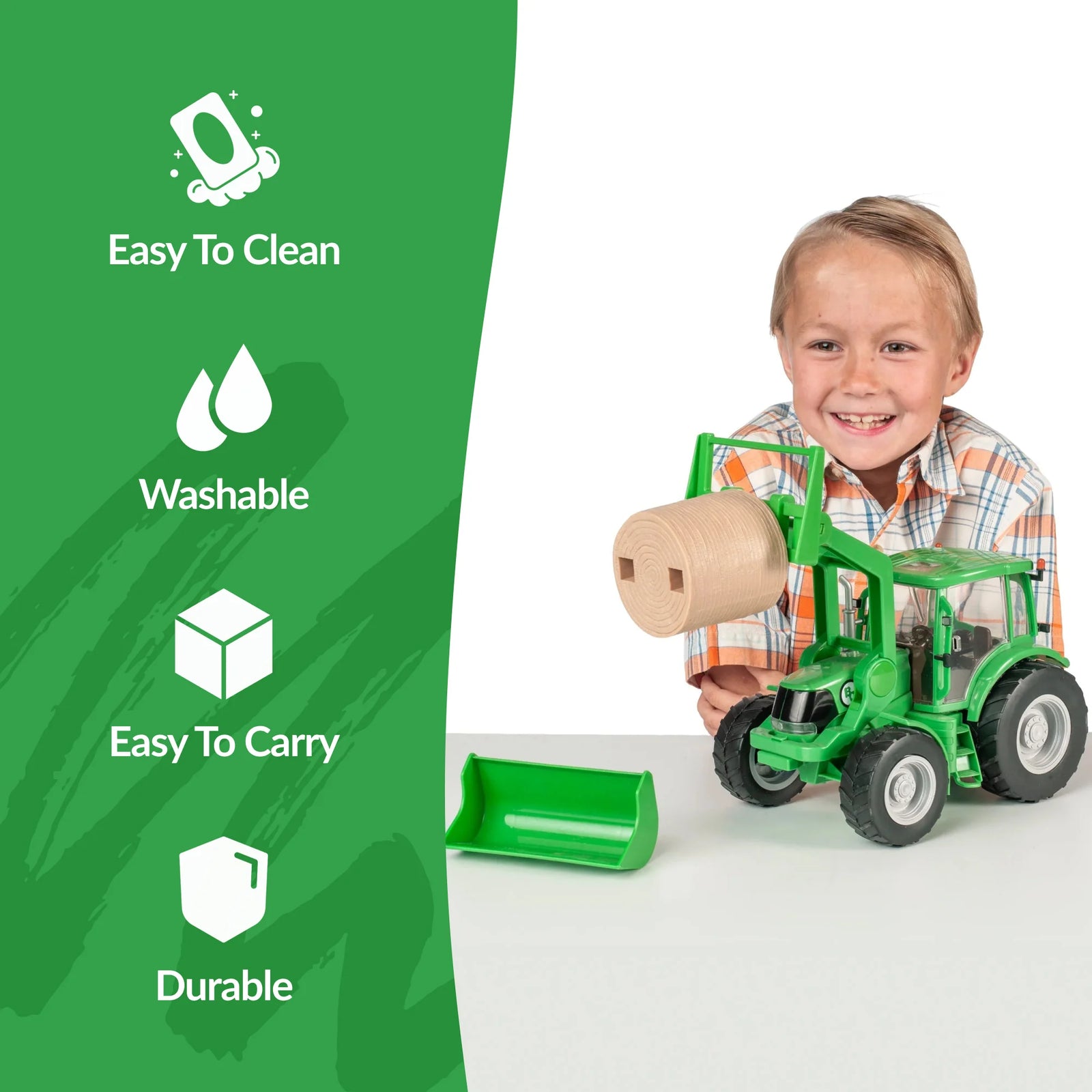 Big Country Toys Tractor and Implements - Green. Green toy bulldozer with detachable parts on a white background