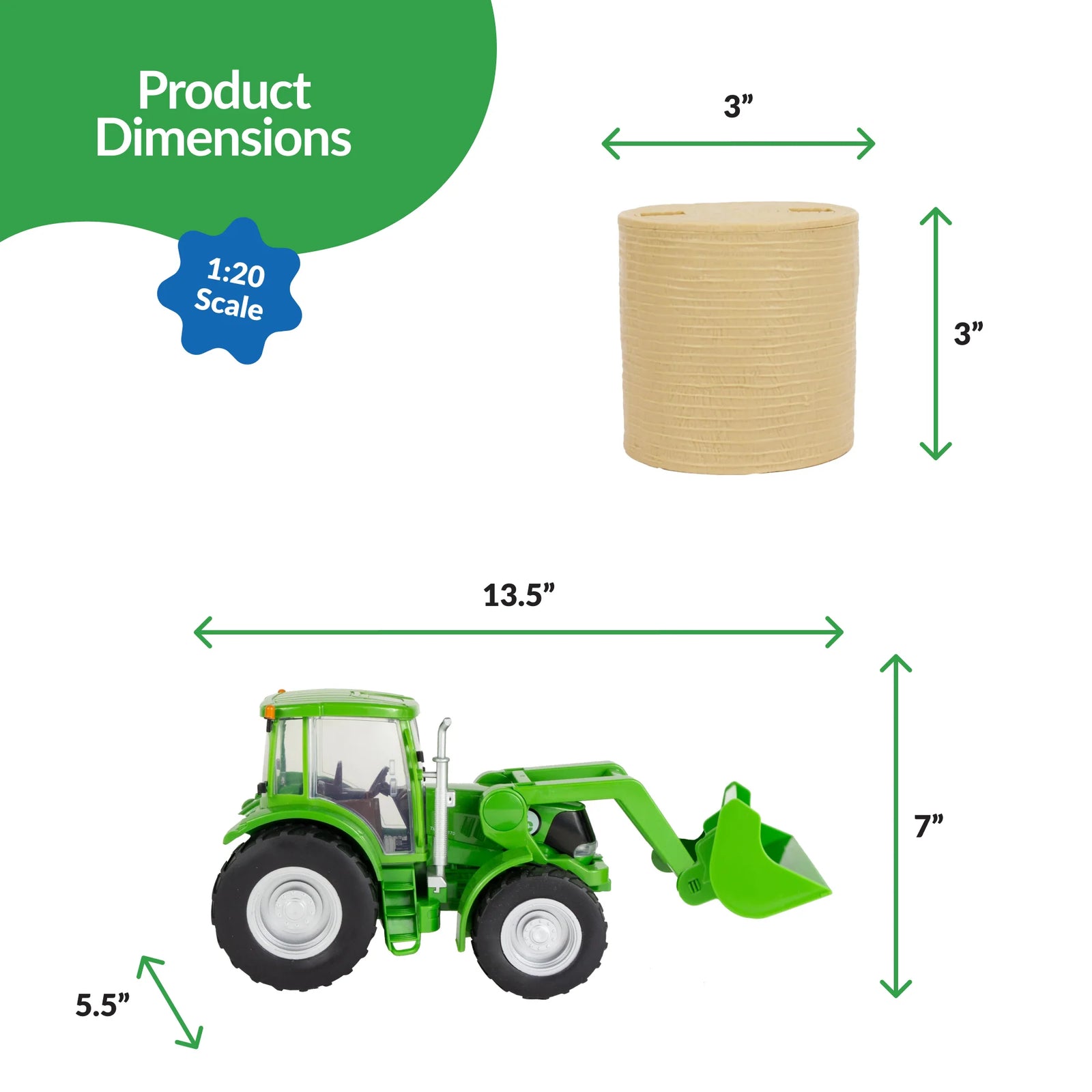 Measurement chart showing a green toy tractor and a beige cylindrical object with dimensions.