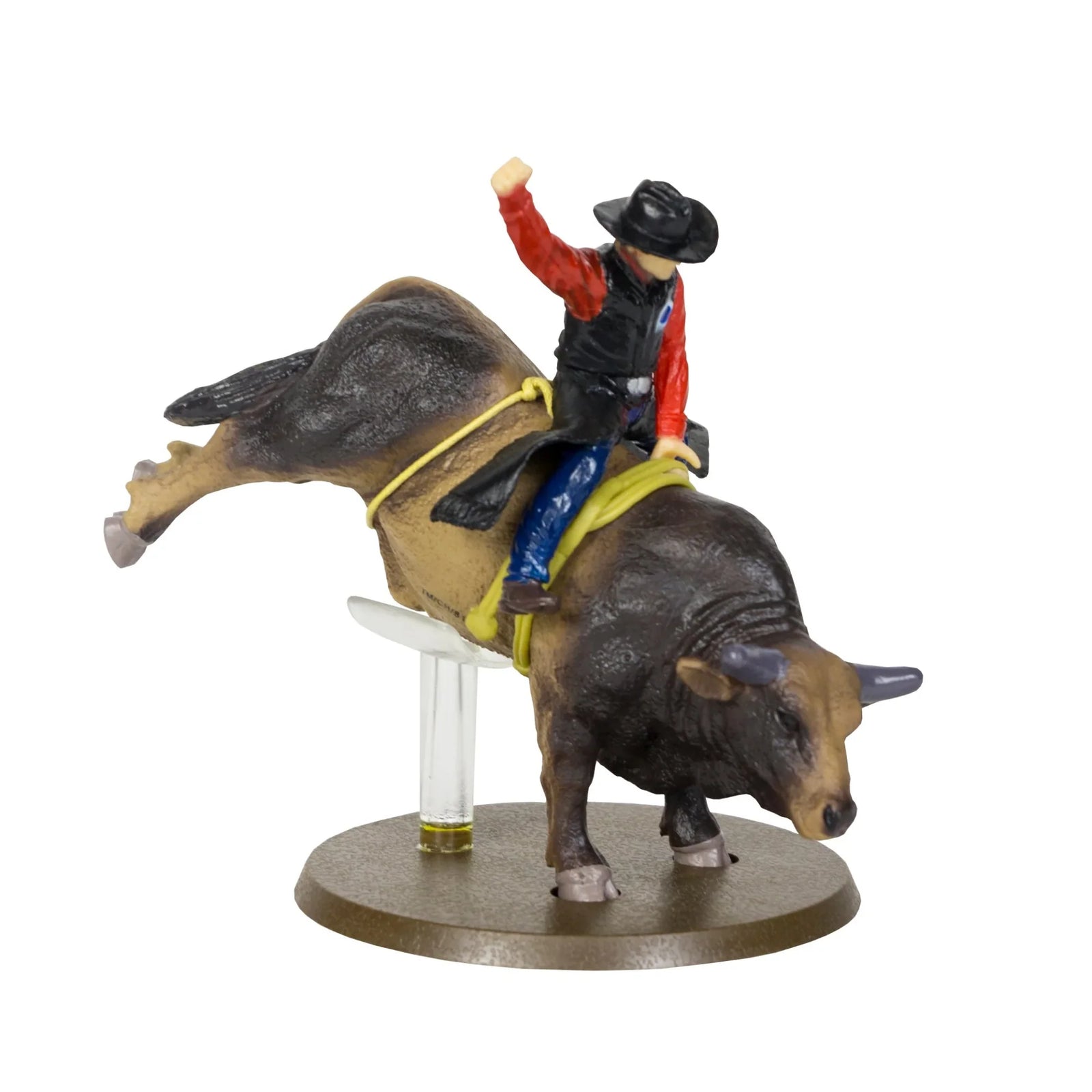 Big Country Toys PBR SweetPro's Bruiser. Cowboy figurine riding a bull on a white background
