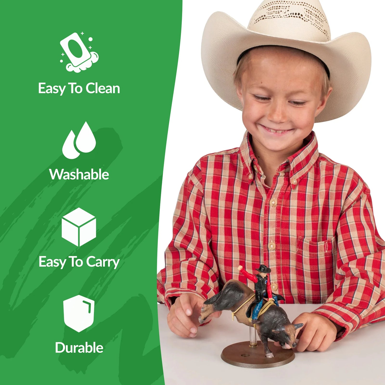 Child in cowboy hat with toy, green sidebar with product features, white background
