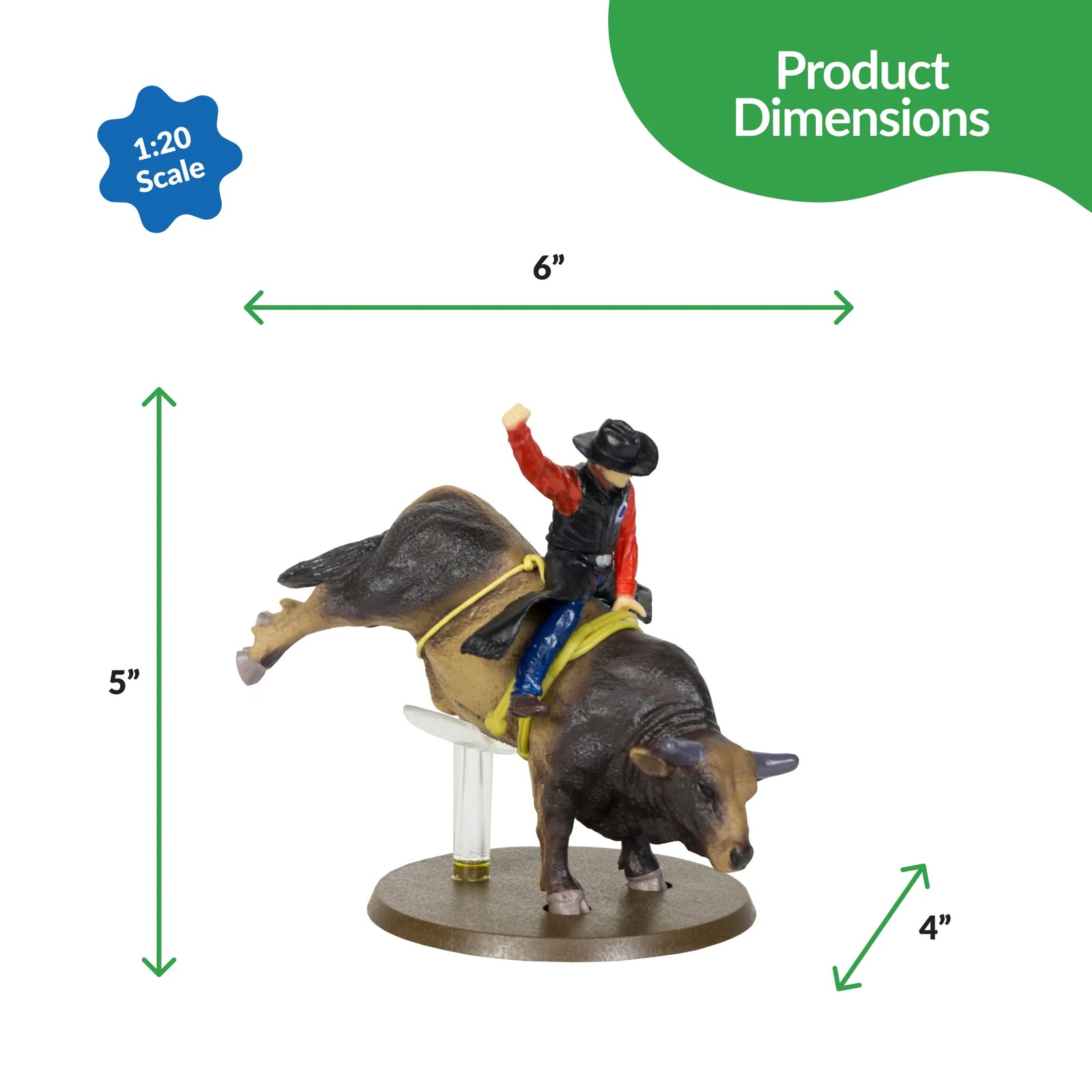 Toy figure of a cowboy riding a bull with dimensions indicated on a white background