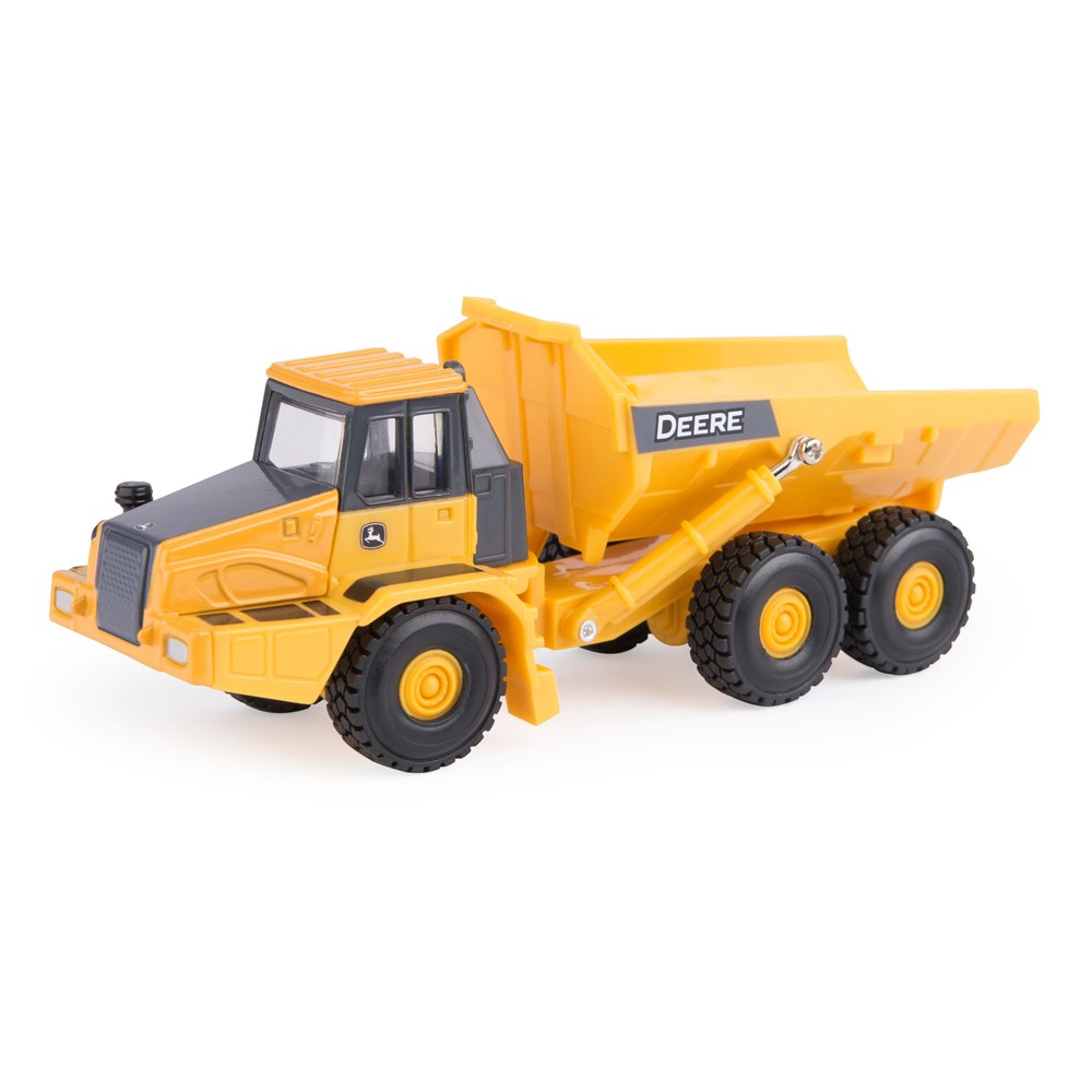 John Deere 1:64 Articulated Dump Truck. Yellow toy dump truck with 'Deere' branding on a white background