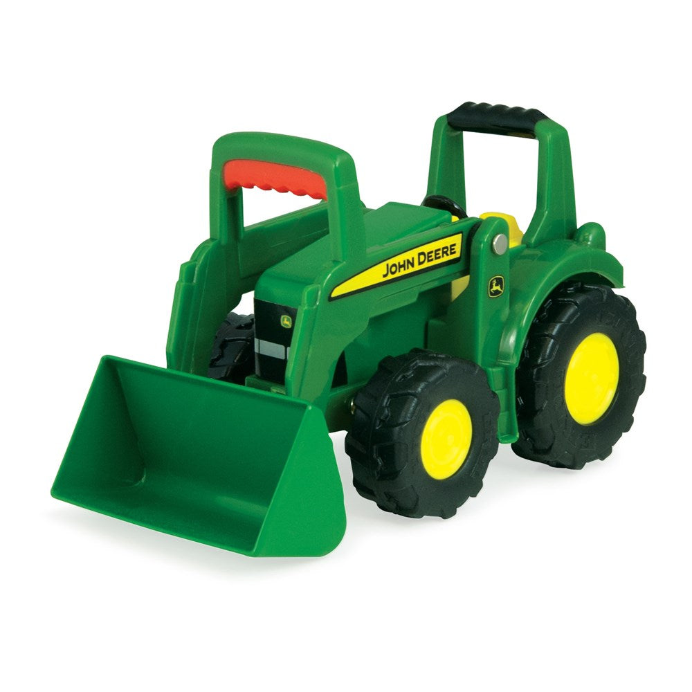 John Deere 10cm Big Scoop Tractor. Toy tractor with a front loader on a white background, featuring the John Deere brand.