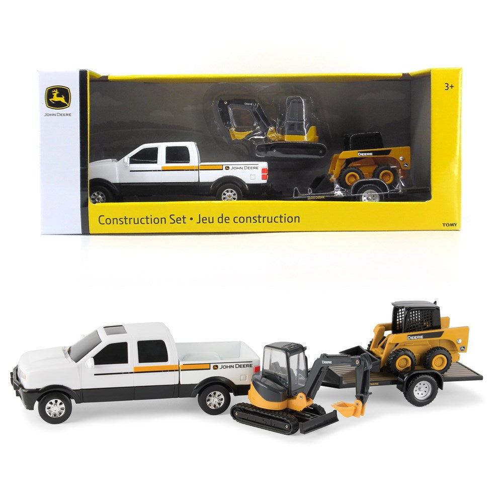 John Deere 20cm Construction Vehicle Set. John Deere toy construction set with truck and excavator on a white background