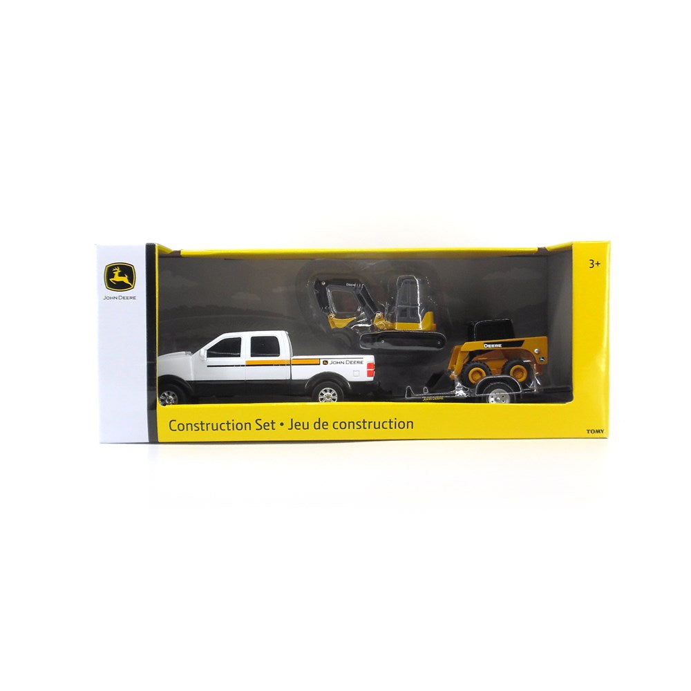 John Deere 20cm Construction Vehicle Set. John Deere toy construction set with truck and excavator on a white background