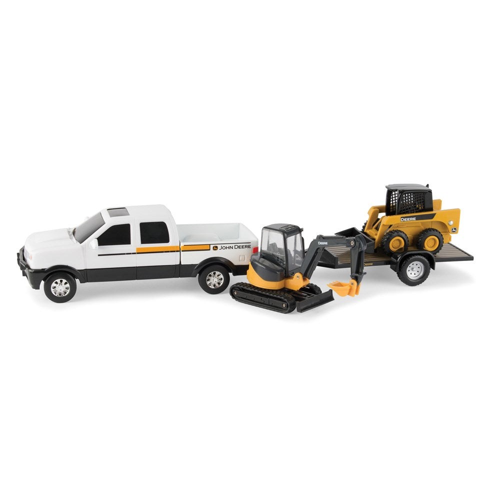 John Deere 20cm Construction Vehicle Set. Toy truck with a bulldozer on a white background