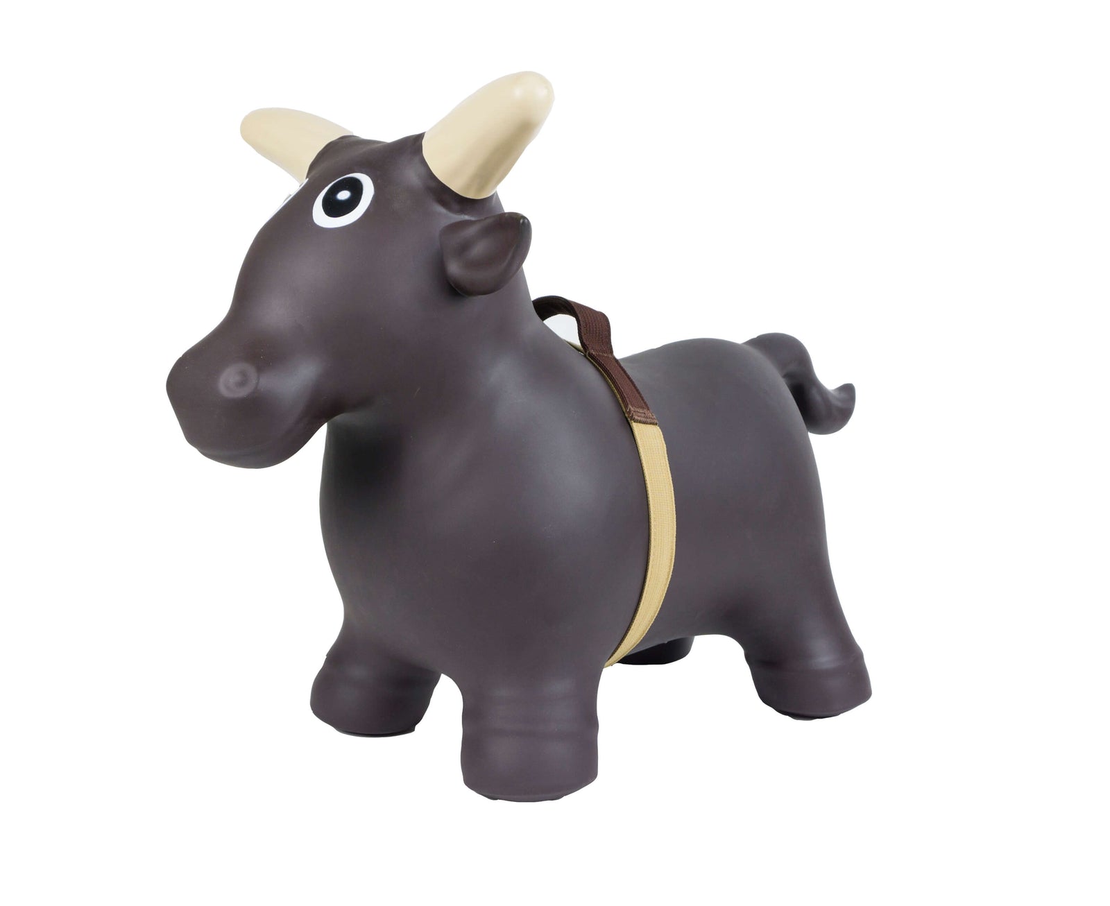 Big Country Toys Little Bucker Bull. A dark brown hopper toy designed to look like a bull, with a rope attached to its back.