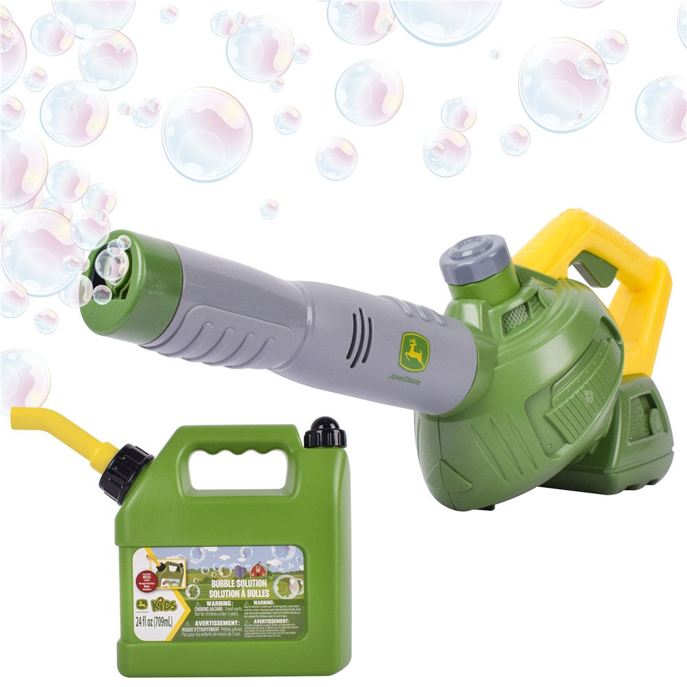 John Deere Bubble 'N' Fun Leaf Blower Combo with 709ml Bubble Refill Jerry Can. Green bubble machine with yellow handle on a white background with bubbles.