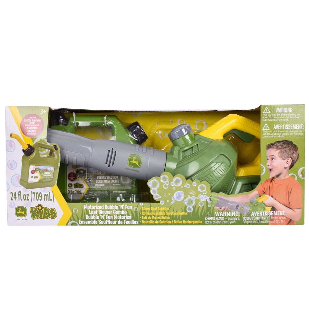 John Deere Bubble 'N' Fun Leaf Blower Combo with 709ml Bubble Refill Jerry Can. Green bubble machine with yellow handle on a white background with bubbles.