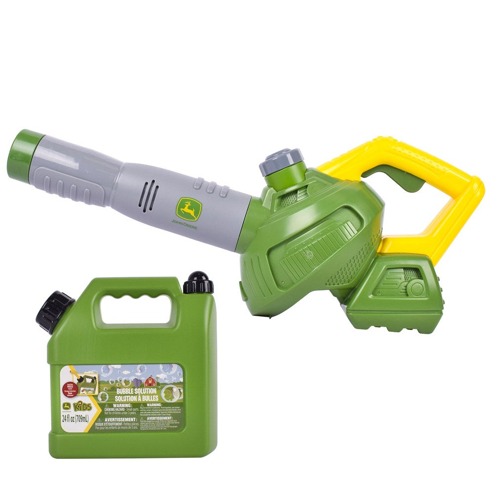 John Deere Bubble 'N' Fun Leaf Blower Combo with 709ml Bubble Refill Jerry Can. Toy leaf blower with fuel canister on a white background
