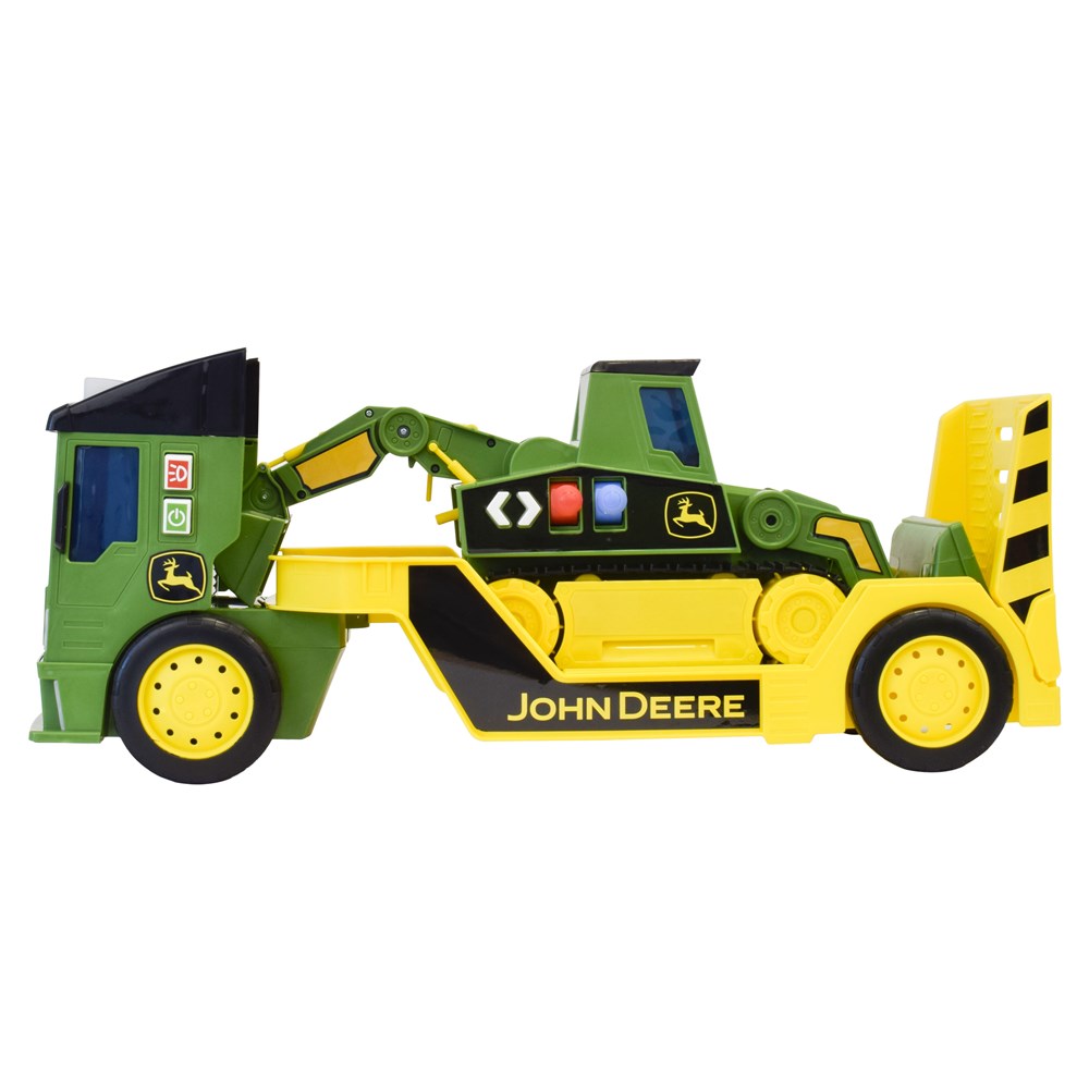 A John Deere toy construction vehicle, specifically a front-end loader with a green and yellow body, black cabin, and yellow wheels, shown against a plain white background.