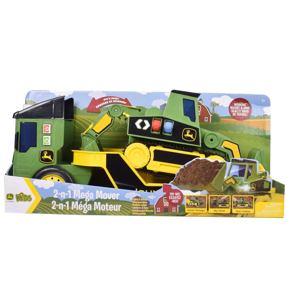 Toy construction vehicle in packaging with John Deere branding