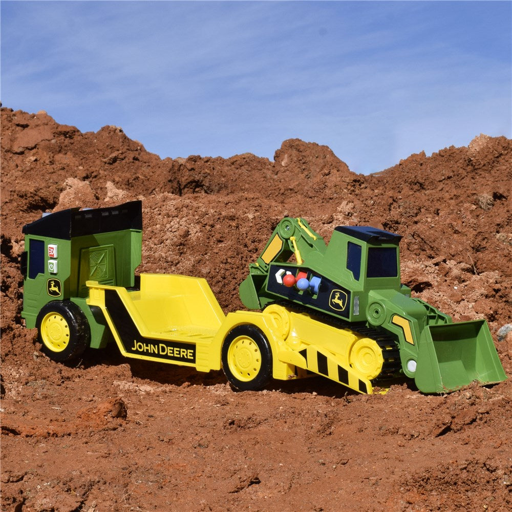 Toy bulldozer and excavator set on a dirt background with John Deere branding.