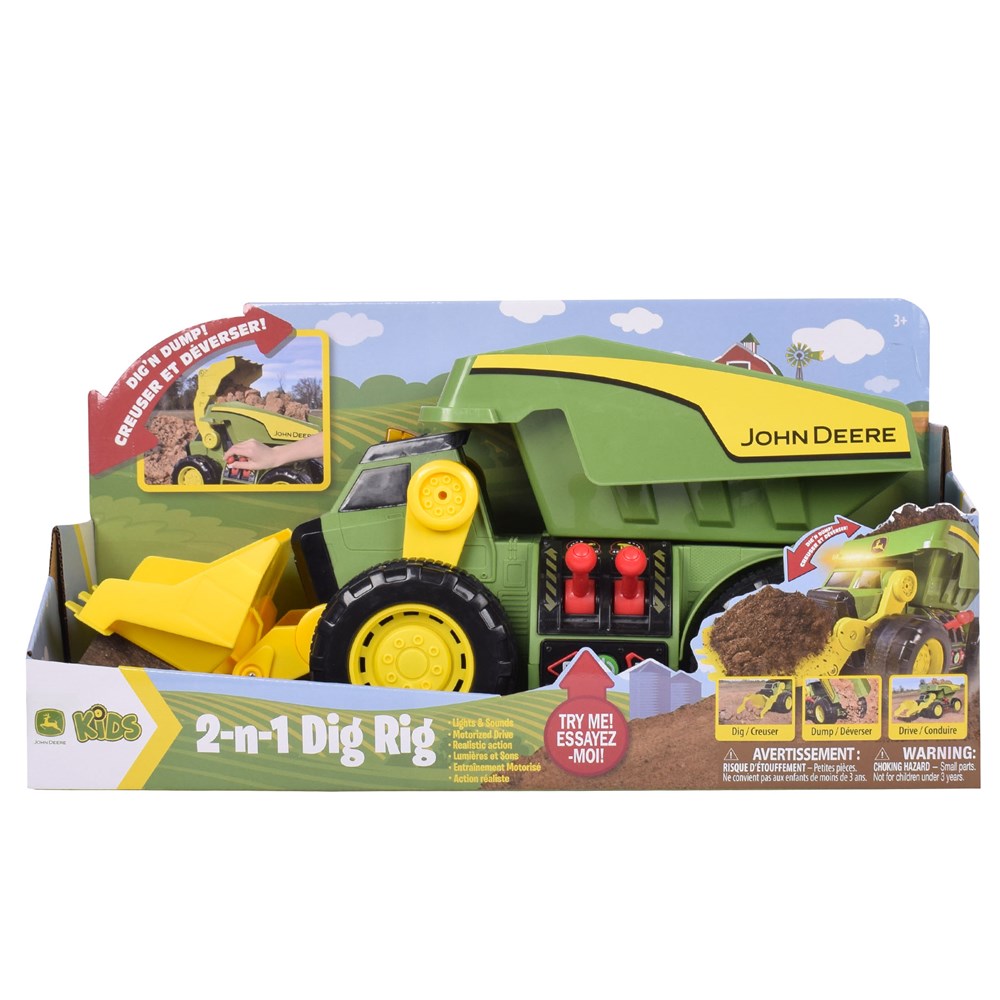John Deere 46cm Motorised 'Lights & Sounds' 2-n-1 Dig & Dump Rig. Toy dump truck with yellow and green colors on a white background