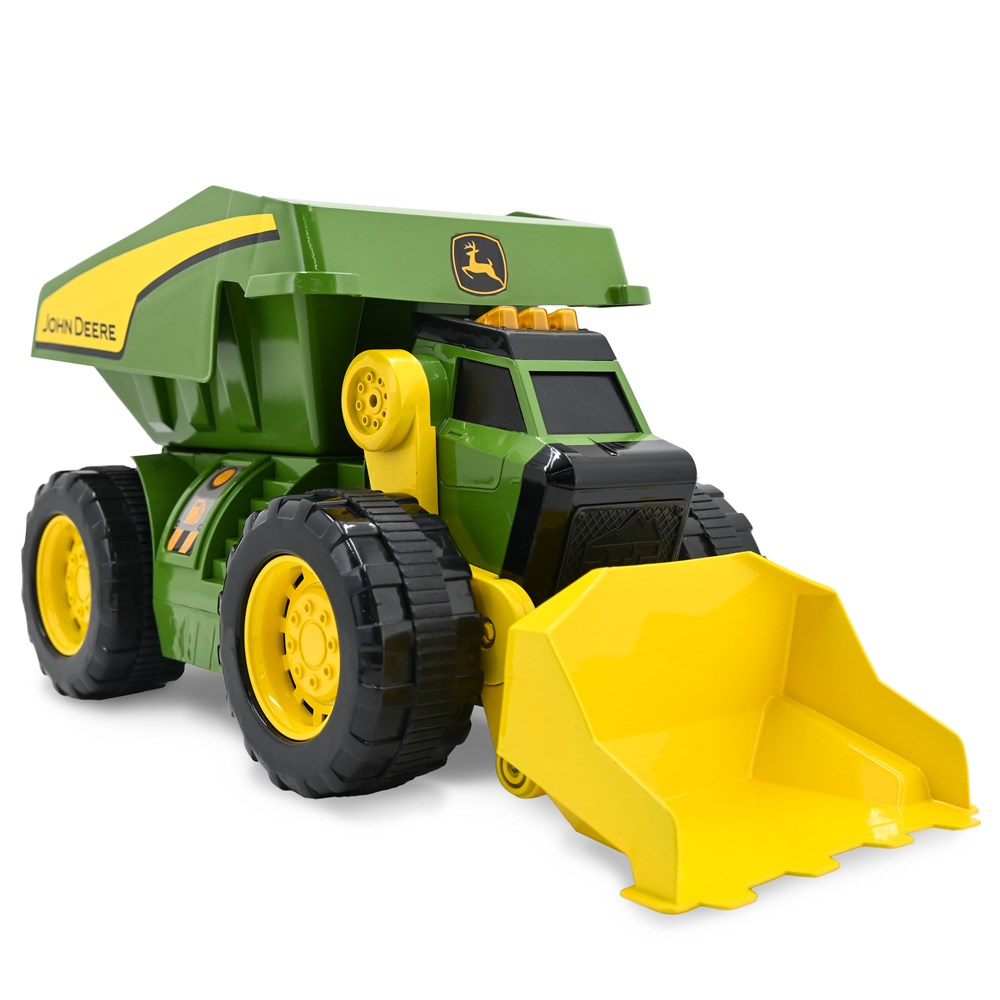 John Deere 46cm Motorised 'Lights & Sounds' 2-n-1 Dig & Dump Rig. Toy dump truck with yellow bucket and green body on a white background