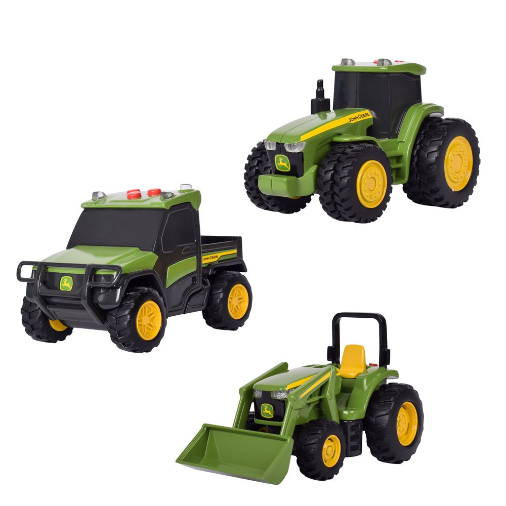 John Deere Lights & Sound Mini Tractors 3-pack. Three toy vehicles including a tractor, truck, and front loader on a white background