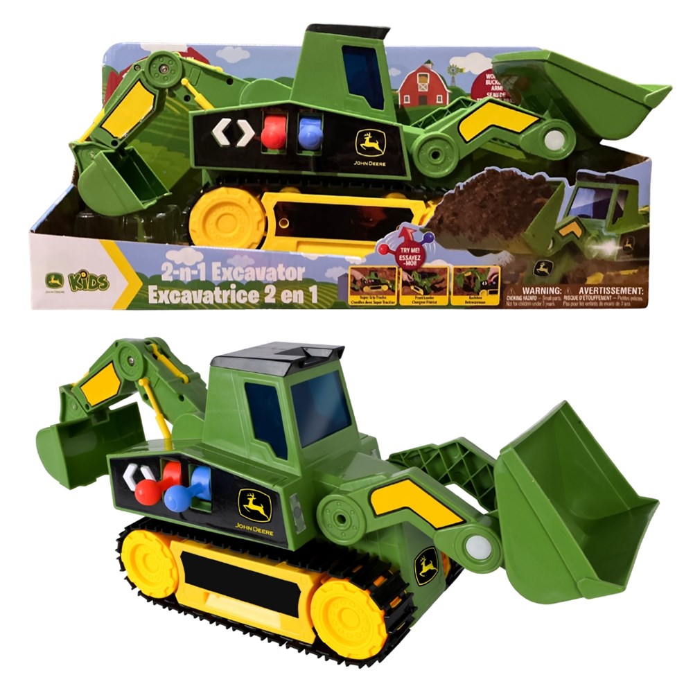 John Deere 2-in 1 Mega Excavator. Toy excavator with John Deere logo on a white background