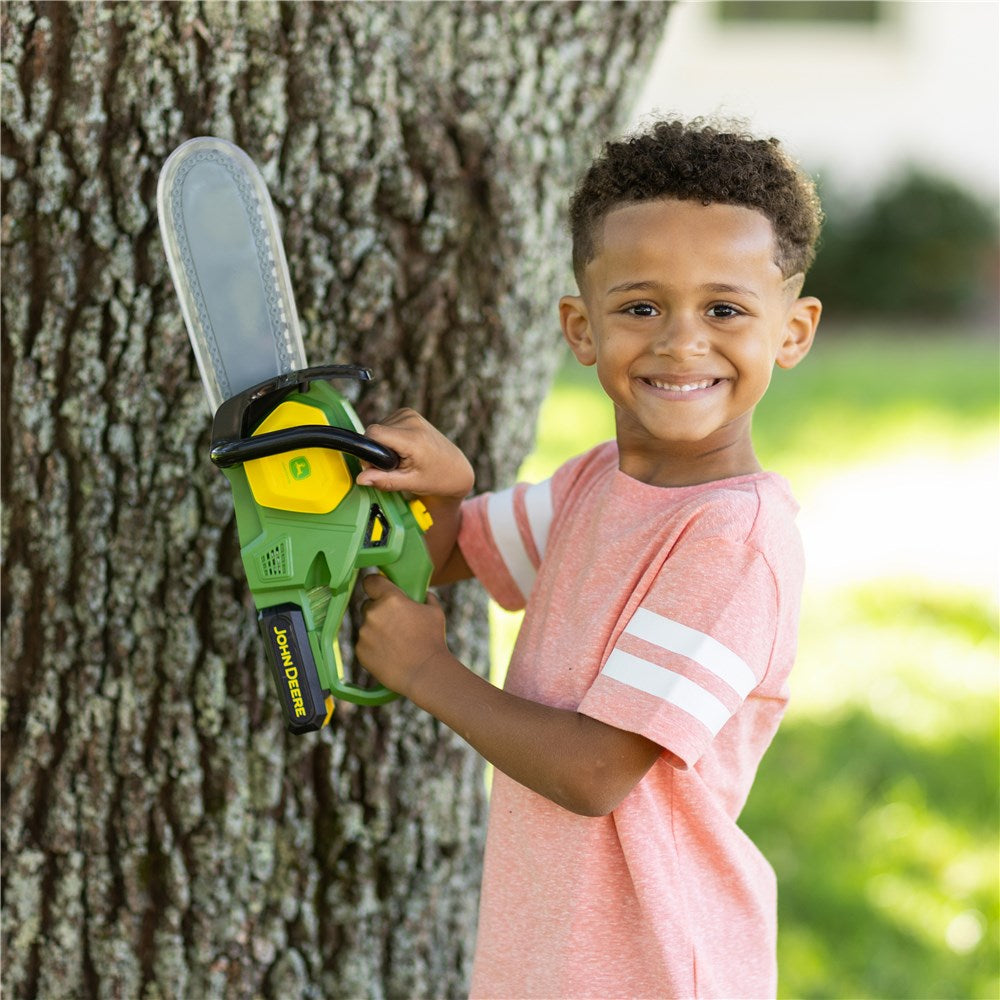 John Deere Motorised Chainsaw. Toy chainsaw with John Deere branding on a white background