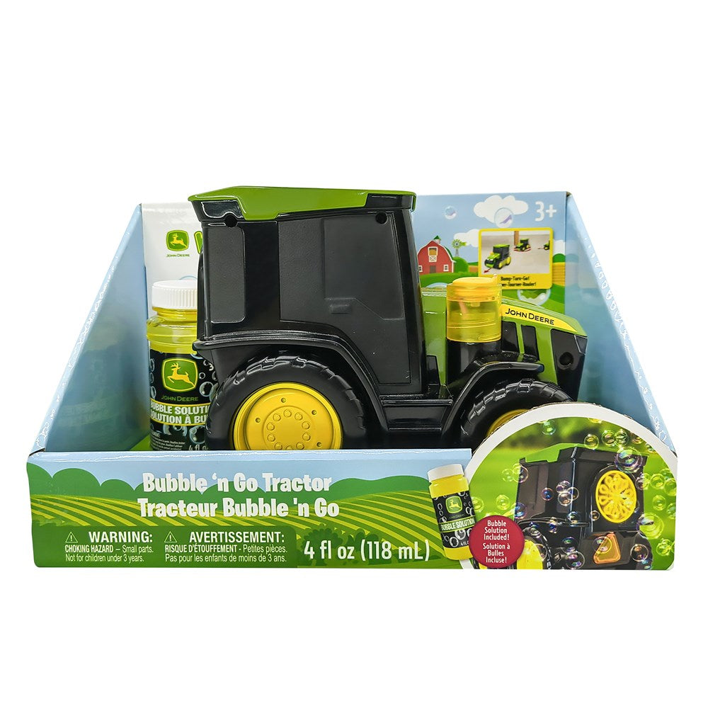 John Deere Bubble 'n Go Tractor toy set in packaging with a green and yellow tractor and bottle.