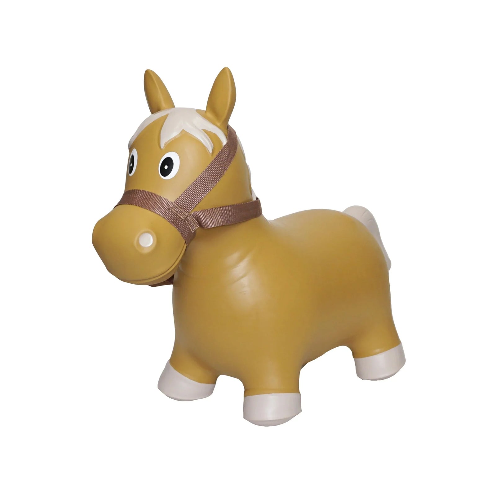 Big Country Toys Bouncy Lil Bucker Horse. Yellow inflatable horse toy with a brown strap on a white background
