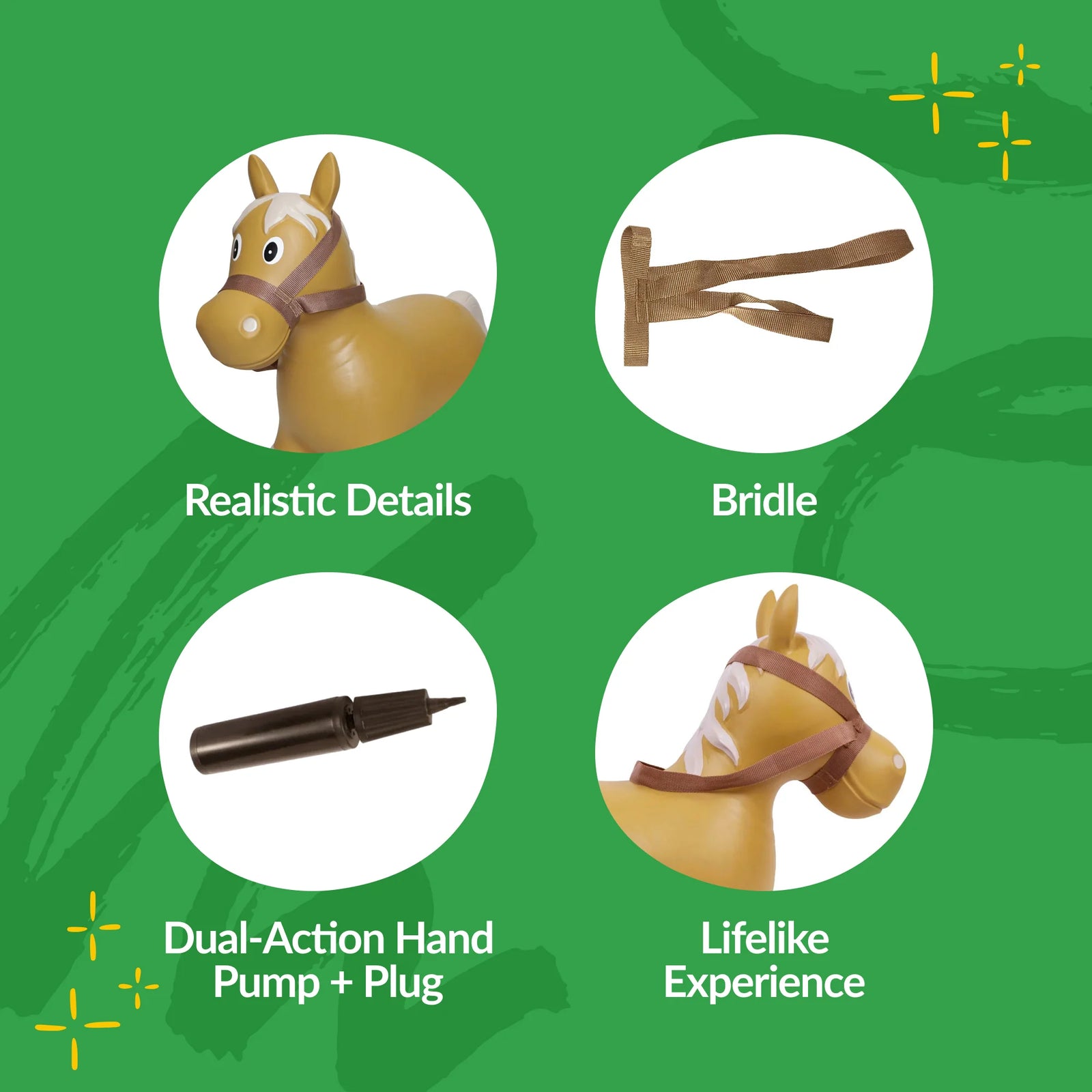 Big Country Toys Bouncy Lil Bucker Horse. Yellow inflatable horse toy with a brown strap on a white background