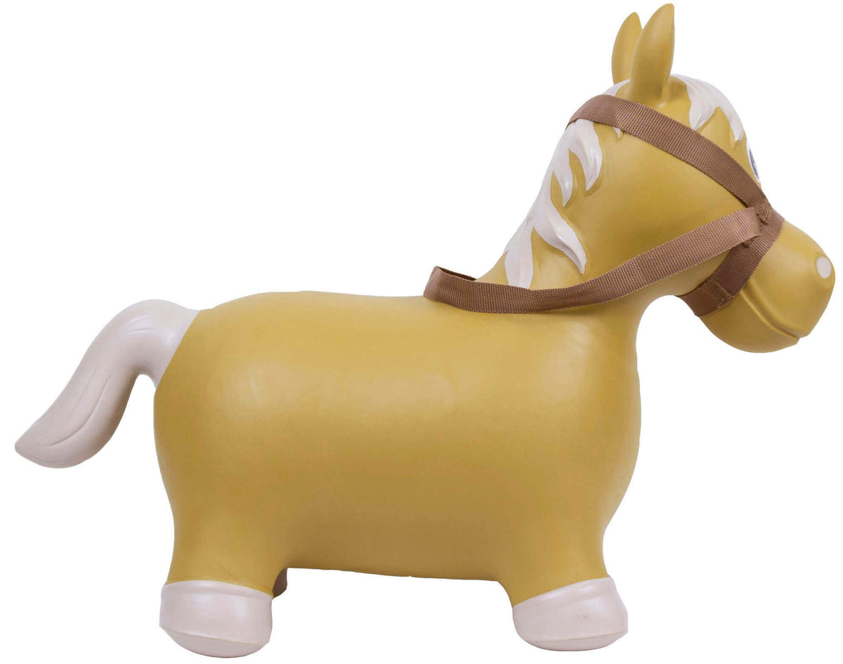 Big Country Toys Bouncy Lil Bucker Horse. A yellow toy horse with a bridle, designed for young children to play on.