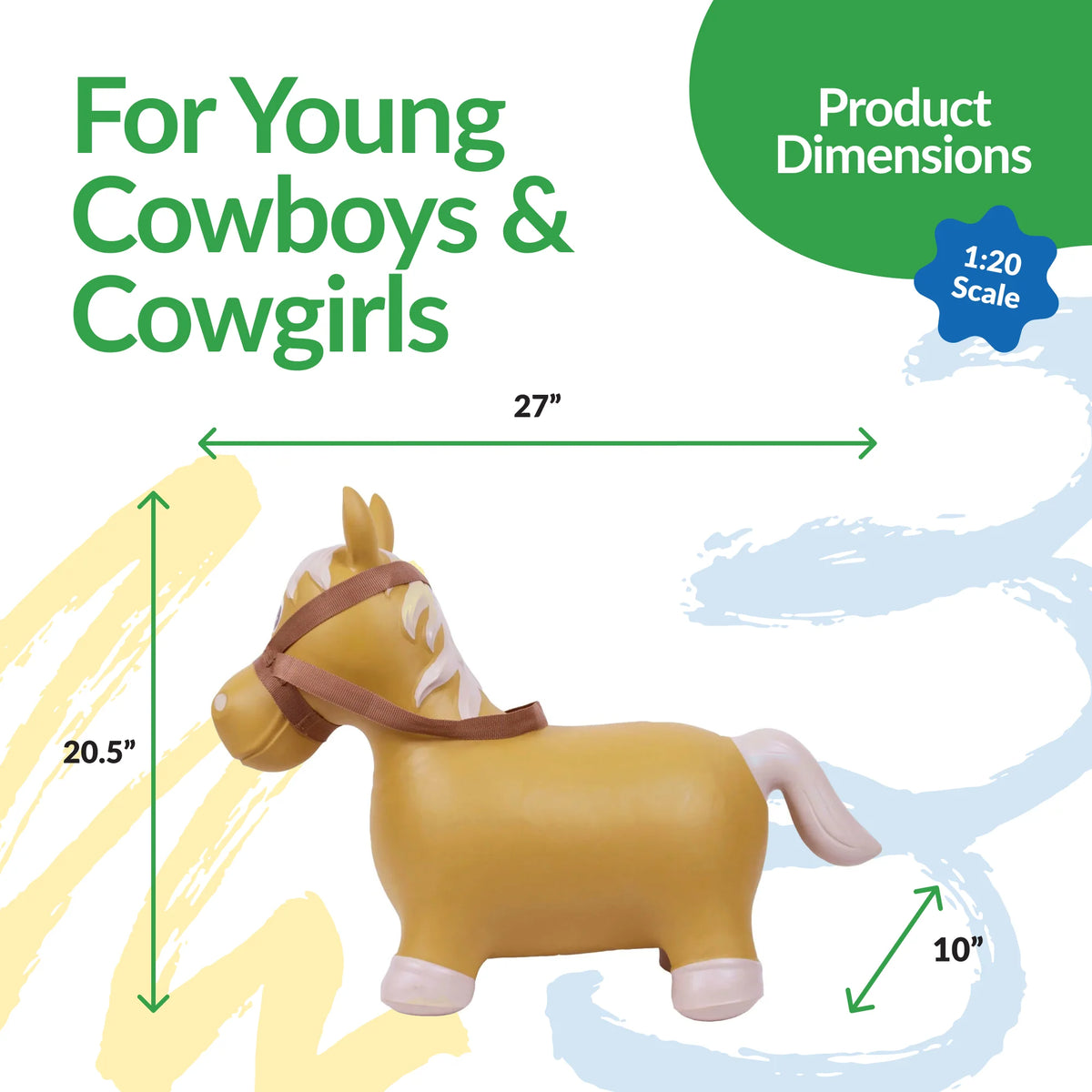 Big Country Toys Bouncy Lil Bucker Horse. Toy horse with dimensions labeled for young cowboys and cowgirls on a colorful background
