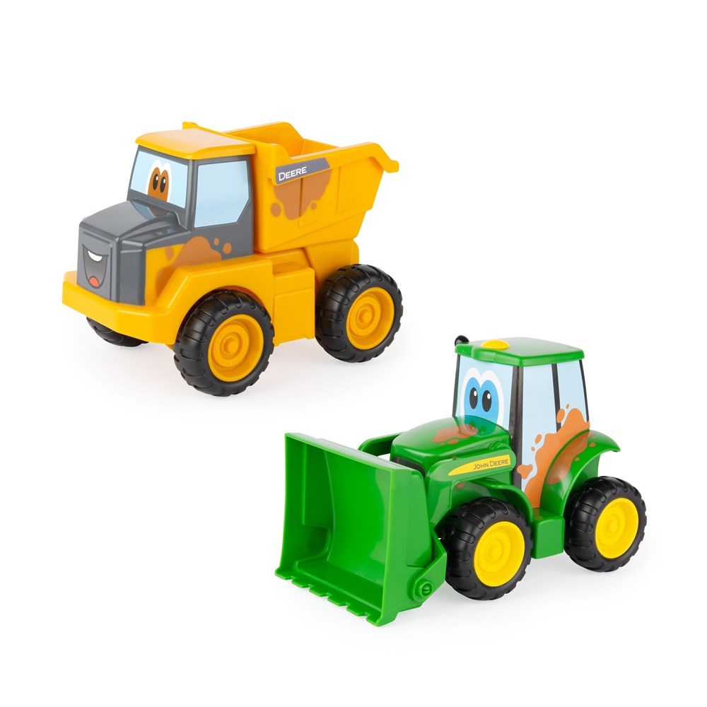 John Deere Farmin Friends Assortment. Toy dump truck and tractor set on a white background